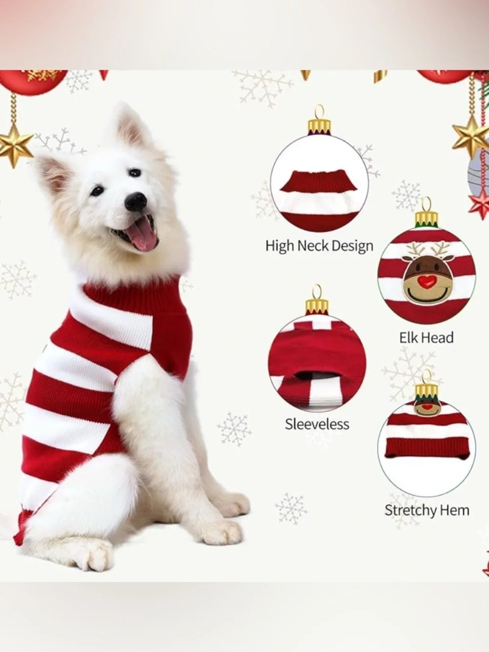 NWT-2XL Red & White Striped Reindeer Dog Sweater